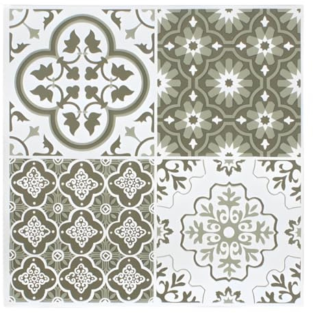 Pack of 32 Moroccan Olive Green & White Vinyl Floor Tiles Peel & Stick 1ft x 1ft, Geometric Sage Mosaic Design, Easy-Fit Flooring for Kitchens, Bathrooms, Living Rooms & Hallways Self Adhesive