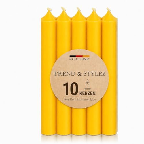10 Spitzkerzen durchgefärbt (180x22mm) | RAL Stabkerzen mit 8h+ Brenndauer | Ohne Tropfen & Rußen | Tafelkerzen für Leuchter | Made in Germany (Gelb)