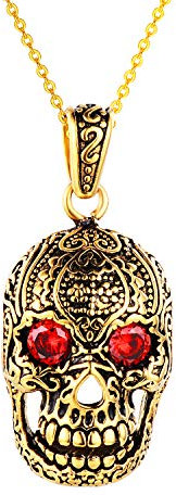 Feilok Edelstahl Schmuck Totenkopf Anhänger Hohle Schädel Kette mit Rot Kristall Augen Skeleton Tribal Gotik Halskette für Herren