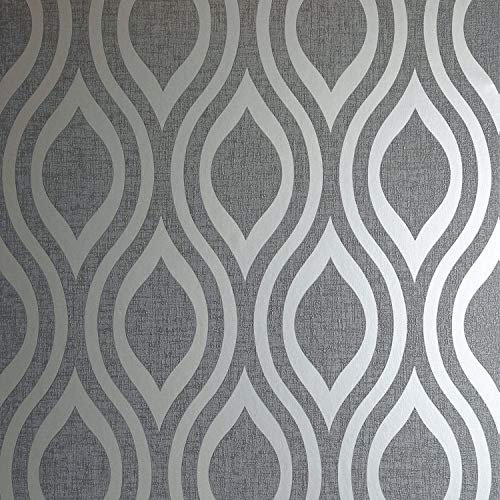 Arthouse | Luxe Ogee Gunmetal Silver Wallpaper | Geometric Metallic Wallpaper for Modern Interiors | Textured Blown Vinyl Wallcovering | Covers Imperfections | Paste The Paper | 1005 x 53cm