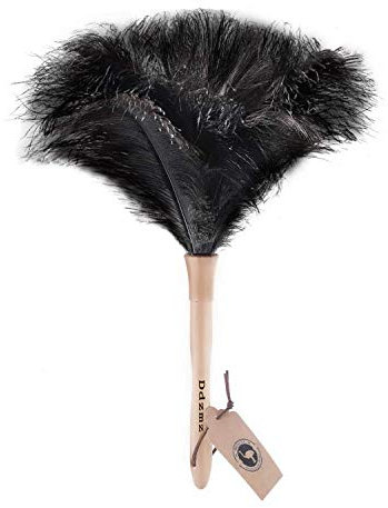 Feather Duster, Ostrich Feather Duster Ddzmz Fluffy Natural Genuine Ostrich Feathers and Reusable Wooden Long Handle Large Ostrich Feather Duster Cleaning for Housewife Black Length 16 1Pack