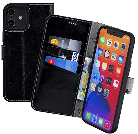 Suncase Book-Style Hülle kompatibel mit iPhone 12 (6.1) Leder Tasche (Slim-Fit) Lederhülle Handytasche Schutzhülle Case mit 3 Kartenfächer in schwarz
