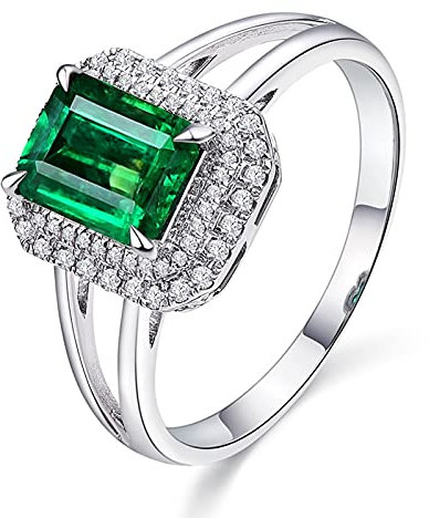 Beydodo Ring Weißgold 750 Damen, Verlobungsring für Frauen Halo mit 0.8ct Smaragd Hochzeit Ring mit Diamant Größe 49 (15.6)