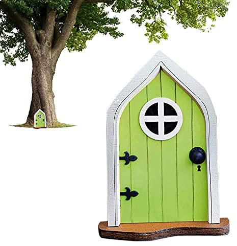 Qianchilang Fee Tür Wichteltür Märchentür Miniatur Hofkunst, Interessante Holzminiatur-Gartendekoration mit Ständer 3D-Märchen DIY Handgemachte Geschenke, für Garten Gras Wände-Grün (10×5.5×0.5 cm)