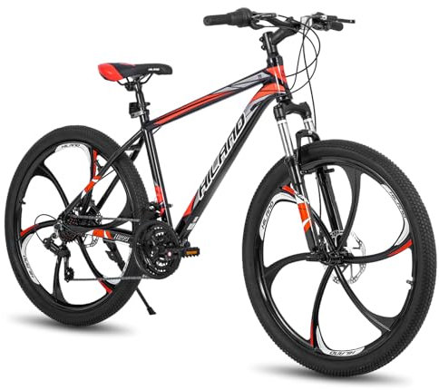 Hiland Mountain Bike, 21 Speeds Drivetrain, 6 Spokes Aluminum Frame 26 Inch Wheels, Disc-Brake Bike for Men Women Men's MTB Bicycle, Black