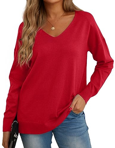 GRECERELLE Women's V Neck Knit Jumper Lightweight Long Sleeve Everyday Tops | Casual Soft Pullover Sweatshirt, Classic Plain Design Blouse T-Shirt, for Winter Fall Spring