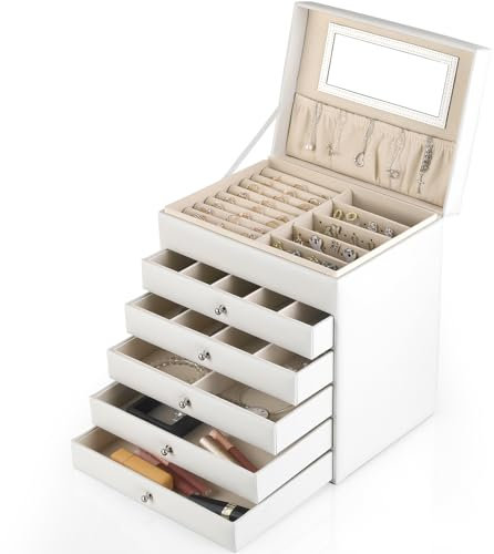 Schmuckkästchen Damen,Schmuckschatulle mit 6 Ebenen, Schmuckschatulle mit spiegel,Schmuckaufbewahrung mit Schubladen für Halsketten,Armbanduhren,Ringe,Ohrringe,Armbänder,Geschenk für Mädchen (Weiß)