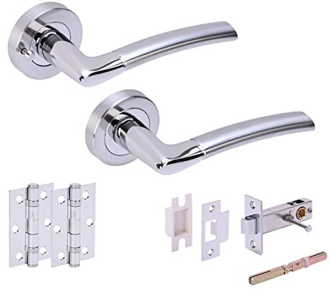 HANDLEZONE® Neemo Privacy Door Handle Latch Pack, Complete with Lever On Rose Handles, Latch, Ball Bearing Hinges - Dual Finish Polished/Satin Chrome