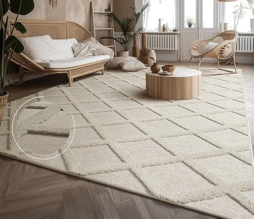 Paco Home Teppich Wohnzimmer Schlafzimmer Kurzflor Modernes Skandinavisches Muster Rauten Motiv Flauschig 3D Grau Anthrazit, Grösse:200x280 cm, Farbe:Creme
