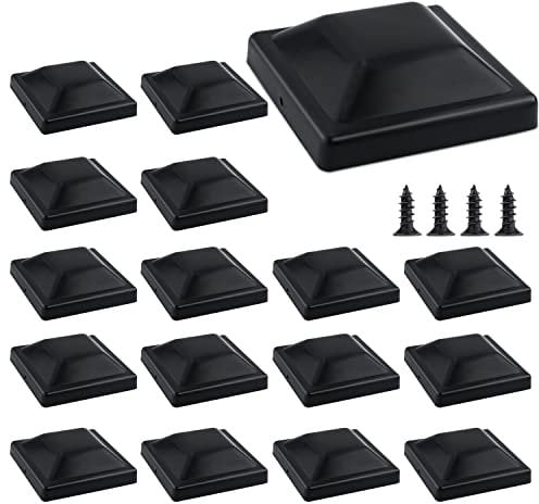 16pcs Plastic Fence Post Caps, Black Fence Post Caps 4 x 4 (3.5 x 3.5) Inch Fence Post Toppers with Screws Waterproof and Keep Post from Cracking