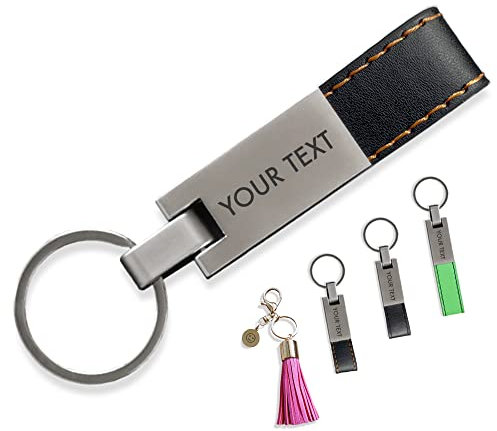 Jolis Papiers Porte clé Personnalisé avec votre Texte gravé, porte-clés en Similicuir avec Plaque métal, Gravure texte, Idée Cadeau Personnalisé pour Hommes et Femmes … (Orange)