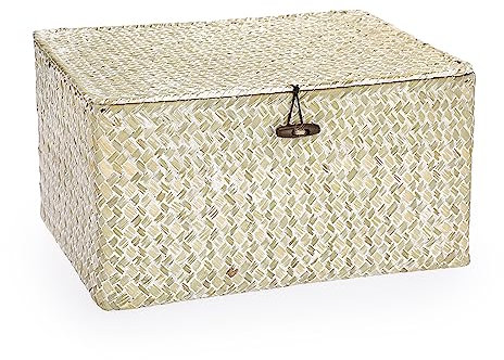IGNPION Seagrass Storage Basket with Lid Woven Seagrass Desktop Basket Rectangular Bathroom Storage Organiser Box, Shelves & Desks Decorative Basket Multipurpose storage Hamper (Withewash,L)