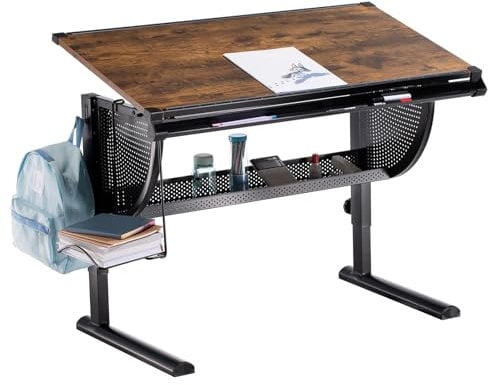 CARO-Möbel Kinderschreibtisch Sari höhenverstellbar in Vintage/weiß, Schreibtisch für Kinder neigbar mit Rille für Stifte, Schülerschreibtisch mit Ablage und Rucksackhalterung