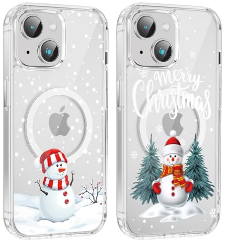 Xylota 2 Stück Magnetisch Hülle für iPhone 14/13 6.1'' [Kompatibel mit MagSafe], Weihnachten Transparent Handyhülle, Stoßfeste Weihnachtsmann Mode Christmas Klare Schutzhülle für iPhone 13，Schneemann