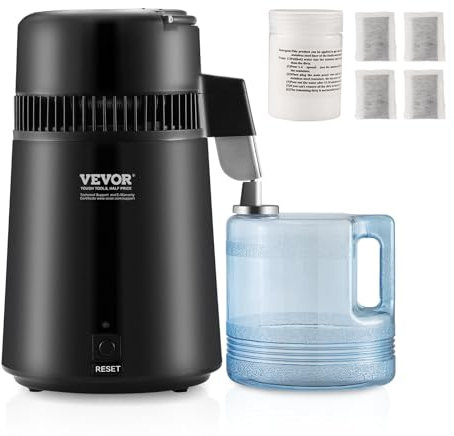 VEVOR Distillateur d'Eau 4 L Machine à Eau Distillée 1 L/h 750 W Machine à Distiller l'Eau Intérieur en Inox Alimentaire Récipient en Plastique PBT pour Purification d’Eau du Robinet Maison Bureau