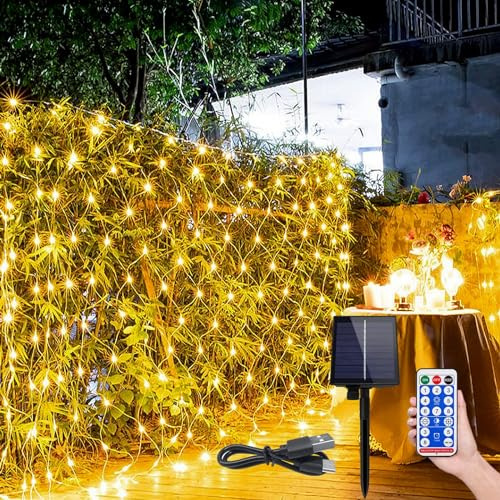 ACXIN 6x4m Solar LED Lichternetz 480LEDs Mesh Außen Innen Solar Garten Lichterkettenvorhang 8 Leuchtmodi Net Mesh Deko IP44 Wasserfest mit Fernbedienung Timer