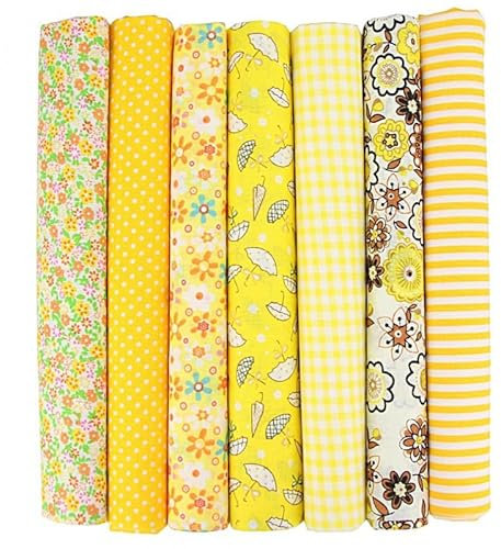 PTNKUIIY 7 Stück Baumwollstoff Patchwork Stoffe Paket 50 x 50cm Baumwolle Tuch DIY Handgefertigte Nähen Quilten Stoff Stoffreste Bunte Baumwollstoff Set zum Nähen Scrapbooking Quilten Handwerk -Gelb