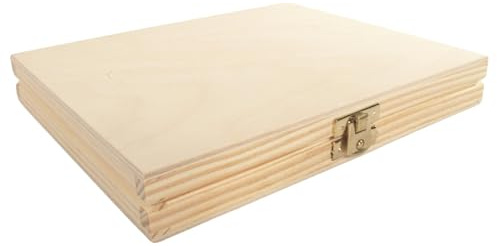 WooDeeDoo Shallow Slim Wooden Box with Lid & Clasp | 21.5 x 18 x 3 cm | Merci Gift Valuables Storage Keepsake Case | Plain Decorative Pine for Craft Decoupage
