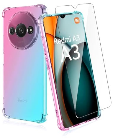 Wanglaism Housse pour Xiaomi Redmi A3 Coque + 1 Pièces Verre Trempé, dégradé de Couleurs Anti-Choc Housse pour téléphone Portable -Rose/Vert