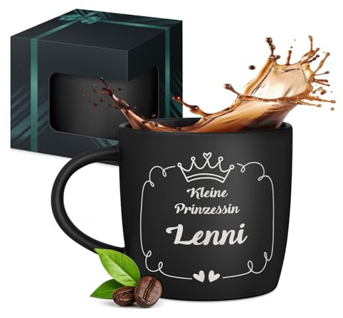 Maverton Keramik Kaffeebecher 400ml mit Gravur, schwarze Kaffeetasse | Aus Matt Keramik mit Henkel für Frau zum Geburtstag zu Weihnachten, Trinkbecher matt schwarz, Innen schwarz, Prinzessin