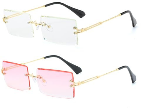 YUELUQU Retro Rimless Rectangle Sunglasses for Women Men Transparent Glasses Y2K Vintage Eyewear (Clear+Pink)