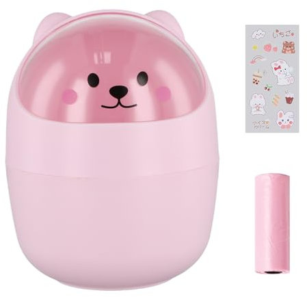 Poubelle de Table, Mini Poubelle de Bureau avec Couvercle, Mini Amovible Porte Stylo Mignon, Belle Corbeille à Papier, Plastique Poubelles de Maquillage (Rose+autocollants+sac poubelle)