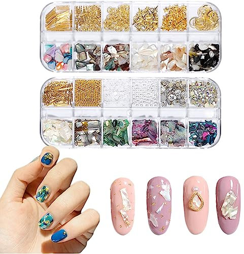Ocean Themed Nail Charms,2 Boxes Irregular Abalone Shell Slices Nail Rhinestones,Nail Art Studs Mini Stone Pearls Caviar Beads 3D Nail Art Decorations for Manicure Design DIY Crafts (G)