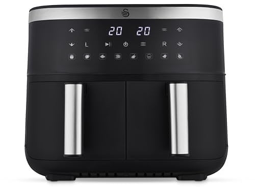Swan SD10518BLK Dual Basket Digital Air Fryer with Swan Cyclone Technology, 8 Pre-Set Cooking Options, Adjustable Temperature, 7.6L, 2850W, Black
