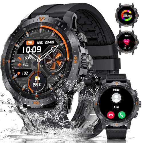 Smartwatch Herren mit Telefonfunktion, 1,43 Zoll AMOLED Always-on Smart Watch mit Herzfrequenz/Schlafüberwachung/SpO2/Schrittzähler, 110+ Sportmodi Wasserdicht Fitnessuhr für Android/iOS