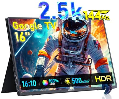 2.5K Monitor Portatil, 144Hz| 16| QHD | HDR | 500Nits | 100% sRGB, Google TV, FreeSync, IPS Eye Care Pantalla Portatil, Monitor Gaming para Laptop/Desktop/MacBook/Phones/Tablet/PS5/4/Xbox, HDMI/USB C