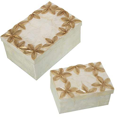 SET 2 CAJAS RECT. NÁCAR FLORESRELIEVE TOSTADO/NATURAL_21X14X10CM+16X11X8CM