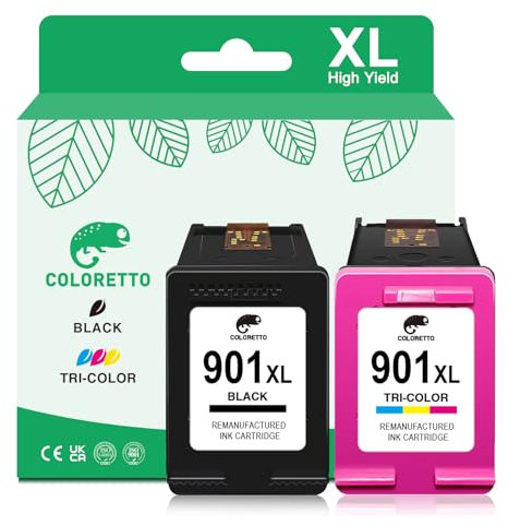 COLORETTO 901 XL (1 Schwarz, 1 Farbe) für HP 901XL Wiederaufbereiteter Ersatz für Druckertintenpatrone für Officejet 4500 G510 J4524 J4535 J4580 J4585 J4624 J4660 J4680