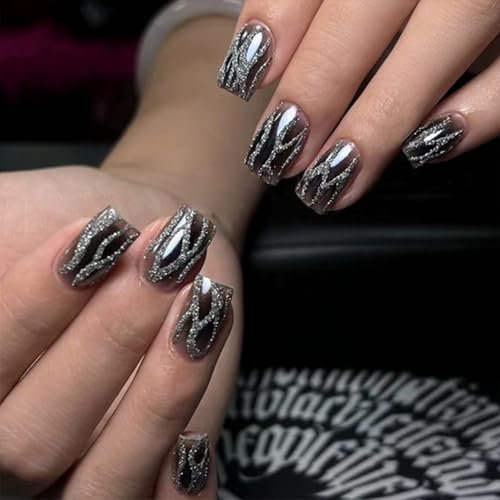 Faux Ongles Court MouyouGlow,Carré Noir Argent Paillettes Sparkly Feu Press on Nails avec Colle à Ongles,Fire Shimmer Black Fake Nails