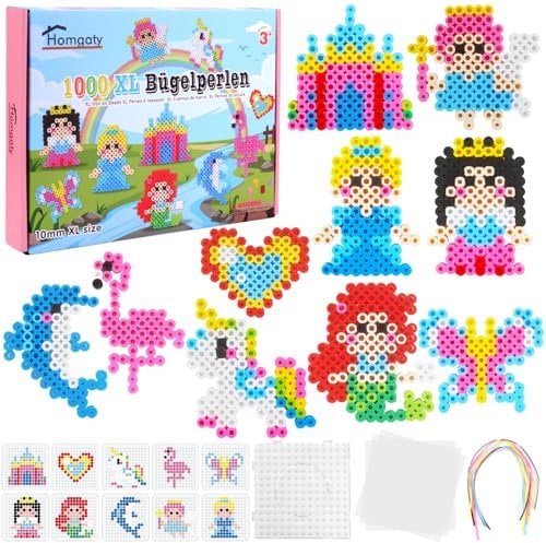 Homgaty Große 10mm Bügelperlen Mädchen Set, 1000 Stück XL Steckperlen mit Platten, 10 Muster und Bügelpapier, 10 Bunte Farben XL Bügelperlen, Kreatives Perlenset für Kinder ab 3 Jahren