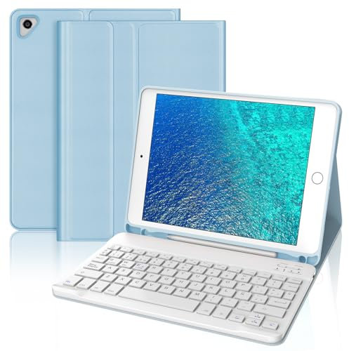 SENGBIRCH Teclado para iPad 6 Generación 9.7, Bluetooth Desmontable, Funda Teclado Español Ñ Magnética para iPad 6a Gen 2018/5a Gen 2017/Pro 9.7 2016/Air 2 2014 y Air 1 2013, Azul