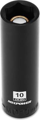 MIXPOWER 1/4 Drive Deep Magnetic Impact Socket, 6 Point, 10mm, Metric, CR-MO
