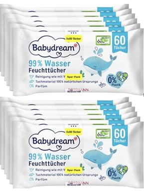 Babydream Feuchttücher, 99% Wasser, 12x60 Tücher, Parfümfrei, 100% Natürliches Material