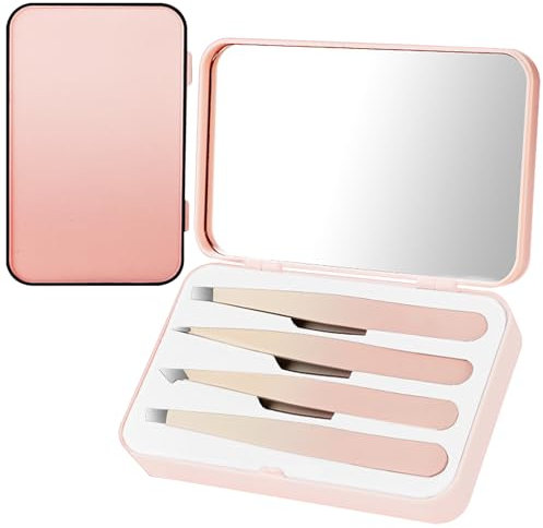 Hshenjhu 4 Pièces Pince à Épiler de Précision, Portable Acier Inoxydable Pince a Épiler, Ensemble avec Boîte et Miroir Tweezers, Professionnelle pour Poils du Visage Femmes et Hommes (Rose)