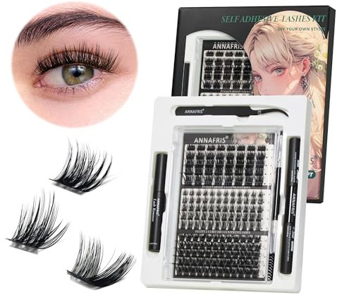 ANNAFRIS Pestañas Postizas Kit DIY Pestañas Pelo a Pelo Individuales Cluster Lashes con Pinzas y Pegamento(A JS08+JS03+JS02)