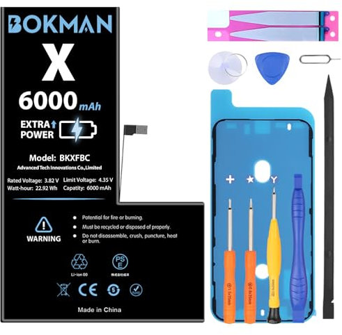 bokman for iPhone X Battery 6000mAh, High Capacity Lithium Polymer Battery Replacement with All Tool Kits and Adhesive Strips
