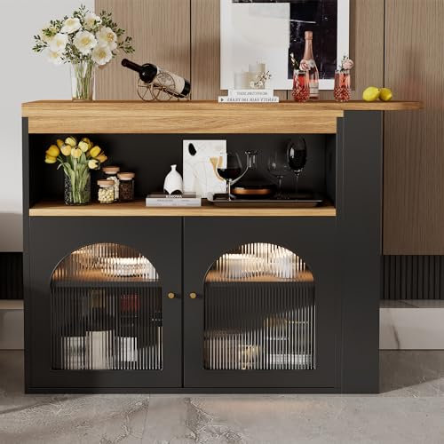 Lcoho 138-193X39X105CM Moderner ausziehbarer Bartisch,Ausziehbarer Esstisch mit Stauraum, Stehtisch Bistrotisch, drehbar, für Esszimmer,Mit 1m langem LED Lichtstreifen,Weiß (Schwarz)