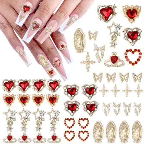 MOTIBACK 40pcs Gold Nail Charms Set with Gold Cross , Hearts, Rose, and Virgin Mary - Y2K 3D Chrome Nail Decorations Craft Manicure Supplies DIY Craft Accessories for Women