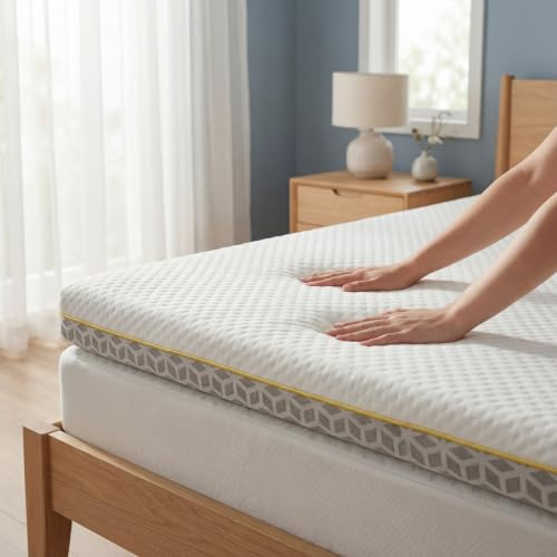 Brightr® Aurora Dual-Layer 5cm thick Memory Foam Mattress Topper 140x200 Size Bed, Orthopedic Bed Topper for Back Pain with Breathable Washable Copper Cover, Choose between Soft/Medium feel 140x200cm