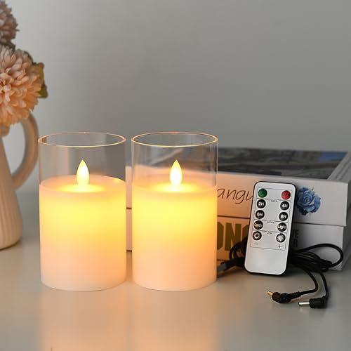 Lonkenn Pack de 2 Recargable Velas LED, Funciona con Pilas Velas con Blanco Vidrio Efecto, USB Vela con Temporizador y Mando a Distancia, Para Navidad, Pascua, Fiestas, Bodas, Cumpleaño, 15cm