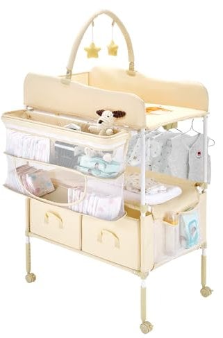 VEVOR Fasciatoio Pieghevole con 2 Cassetti in Tessuto, Cestino Laterale e Asta Appendiabiti, Fasciatoio Portatile Regolabile in Altezza con Ruote Bloccabili e 2 Giocattoli, Beige Chiaro