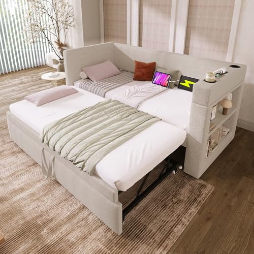 Polsterbett Ausziehbares Schlafsofa 90/180 x 190 cm, Einzelbett Daybett mit USB Type-C Ladefunktion, Armlehnen mit Getränkehalter und Regal, Leinen, ohne Matratze, Beige