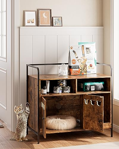Apetaccat Cat Litter Box Enclosure with Shelves, Litter Box Furniture Hidden with Scratching Mat,Hidden Cat House for Indoor,Fit Most Cats and LitterBox(Rustic Brown)