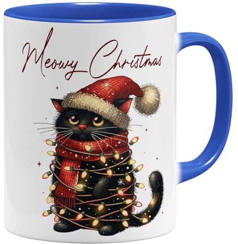 OM3® Meowy Christmas Kaffee-Tasse mit süßem Kätzchen - Weihnachtstasse Katze - Keramik Becher - 325ml - Beidseitig Bedruckt - Blau