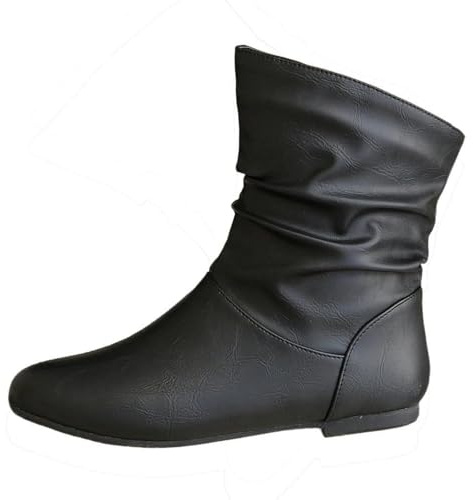 Qgtxf Bottes Slouchy en Cuir Pour Femme À Talons Bas de Mode Round Toe Mid Calf Slip Sur Bottes