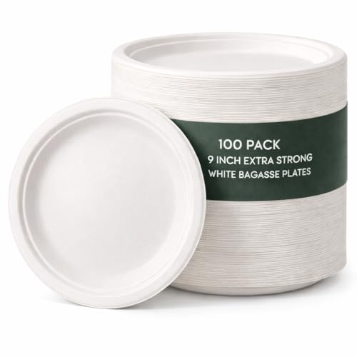 1ABOVE 100 Pack 9 Inch Extra Strong White Disposable Bagasse Plates – Compostable & Biodegradable Sugarcane Fibre Plates for BBQs, Weddings, Parties & Picnics